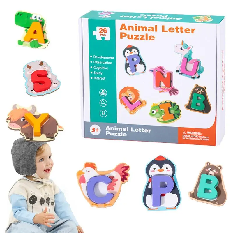 

Animal Alphabet Puzzle Montessori Wooden Letter Puzzle Educational Matching Toys Cartoon Sorting Set For Kids Games Accessories