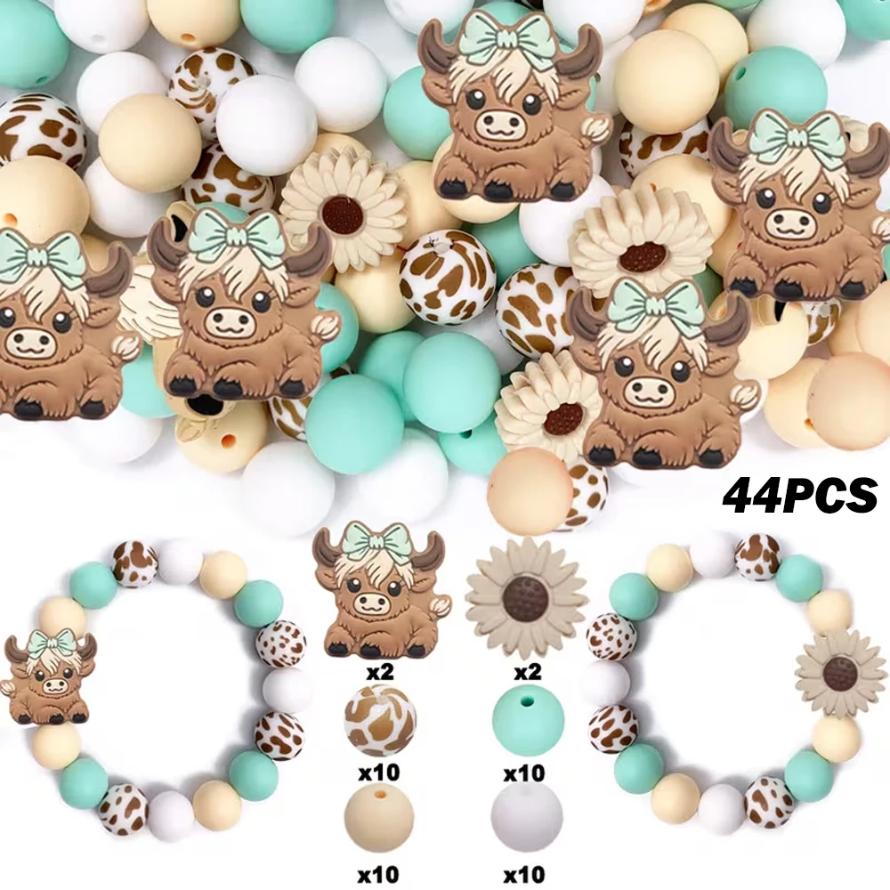 32/44-teiliges Highland-Kuh-Silikonperlen-Set zum Selbermachen von Perlenketten, Armbändern, Dekorationen, Stiften, Schmuckanhängern usw. Feiertags-Geburtstagsgeschenk – Detail 11
