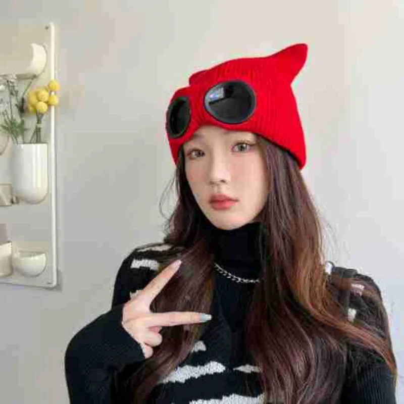 Fashion  Personality Women's Knitted Cat Ears Glasses Hat Japan and Korea Warm Ear Protection Cute Personality Pullover Hat