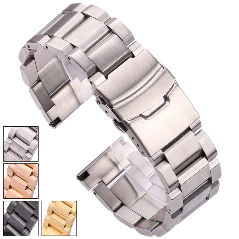 Stainless Steel Watch Band Bracelet 18mm 20mm 22mm 24mm Women Men Strap Black Silver Brushed Watchbands