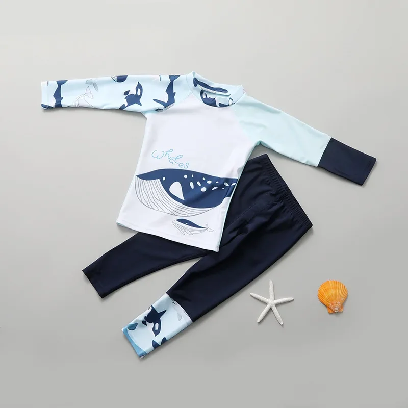 Summer Children's Two-piece Swimsuit Boys Long Sleeve Cartoon Whale Sunscreen Quick-Dry Beachwear Baby Surfing Suit Swimwear