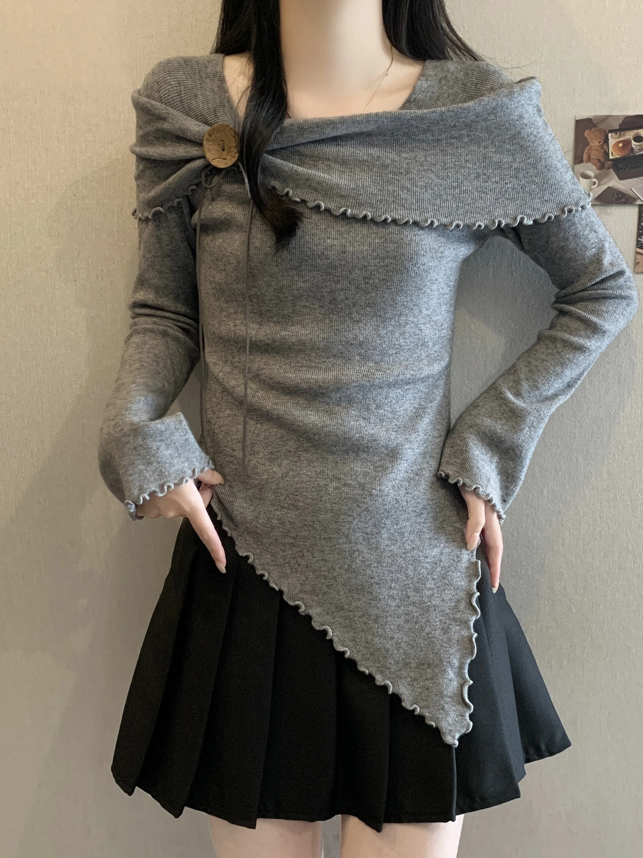 

Облегающий асимметричный вязаный топ с длинным рукавом для женщин больших размеров, с завышенной талией, во французском стиле, из дышащего полиэфирного волокна, осень-зима