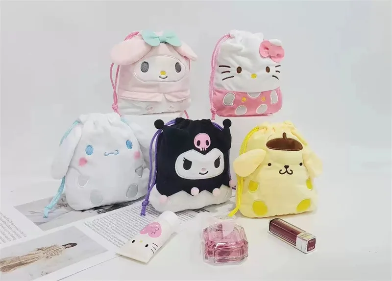 Cartoon Plush Shaped Bundle Pocket Cute Girl Kuromi Storage Bag Travel Small Item Sorting Drawstring Bag Sanrio Makeup Bag