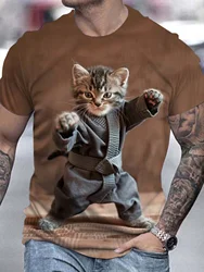 Men's Summer Fashion 3D Digital Cat Doing Taekwondo Pattern T-shirt  Crew Neck Tee Tops For Summer Outdoors Sports Wear