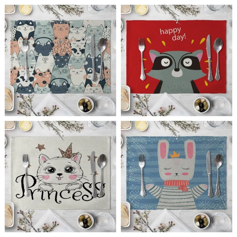 4pc/6pc Children\'s Cute Animal Style Pattern Placemat Cotton Linen Fabric Table Mats Family Dinner Tableware Kitchen Table Mat