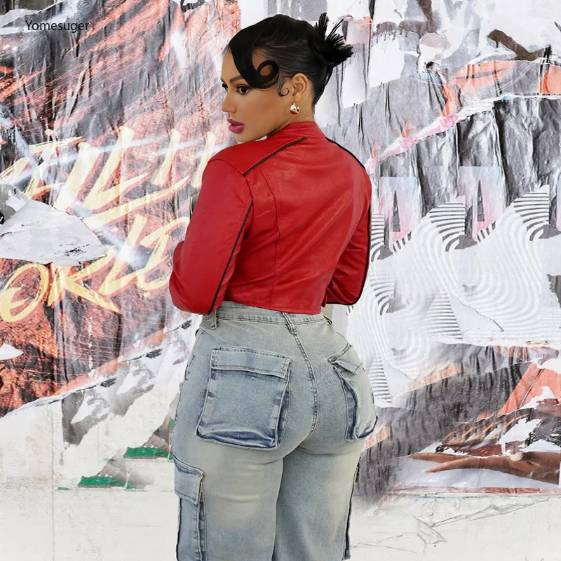 Yomesugar 2025 خريف المرأة شريط بولي Leather سترة جلدية قصيرة مثير الوقوف طوق كم كامل البريدي معطف ملابس خارجية غير رسمية Y2k الشارع الشهير #3