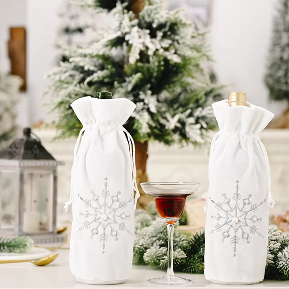 1Pcs Christmas Bottle Cover Snowflake Bead Design Wine Bottle Sleeve Red Wine Decor Festive Dinner Table Decoration