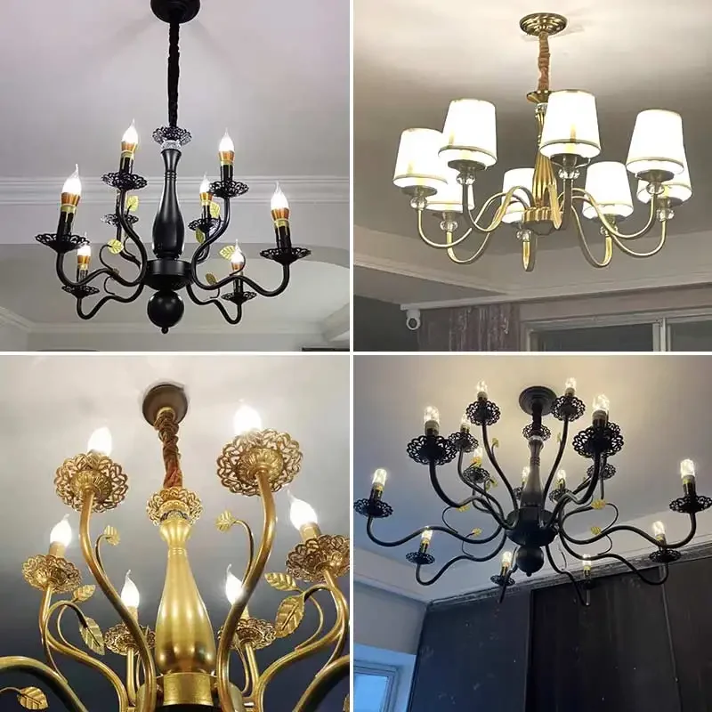 American Country Chandelier Ceiling For Living Room Kitchen Bedroom Retro Pendant Light Fabric Hanging Lamp Dining  Home Dec