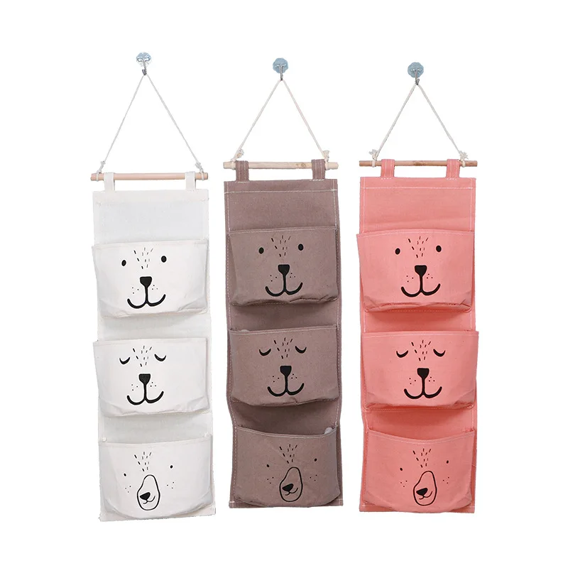 Home Cotton Linen Waterproof Wall-Mounted Storage Bag Three-Pocket Hanging Organizer for Wardrobe Door Back Miscellaneous Storag