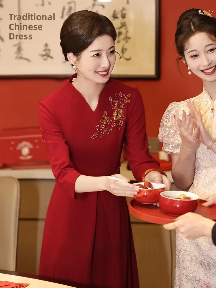 

Ele Long Qipao Dr for Wedding Celebration Slimming Design Suitable for Younger Mother-In-Law Spring Autumn Wear
