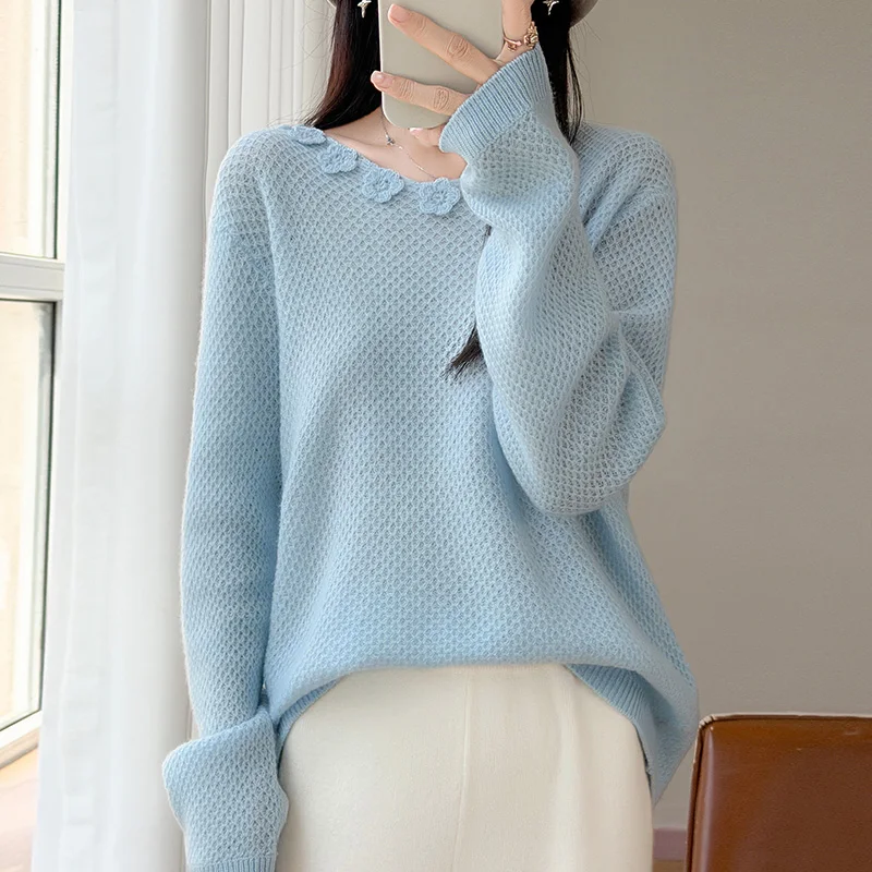 Luxury women's 100% cashmere sweater V-neck loose style pull wire knitted pullover women's sweater autumn and winter hot top