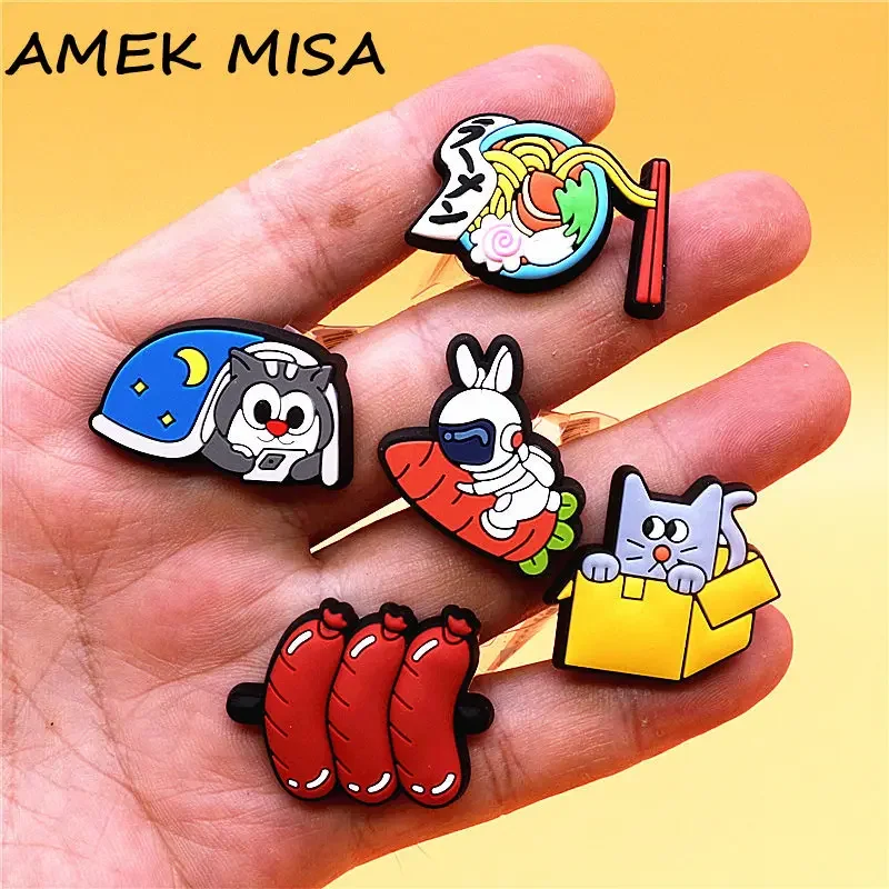 Original 1pcs Japanese Ramen Sausage PVC Shoe Charms Accessories Funny Cats Jeans Rabbit Astronaut Sandal Upper Decorations Pins