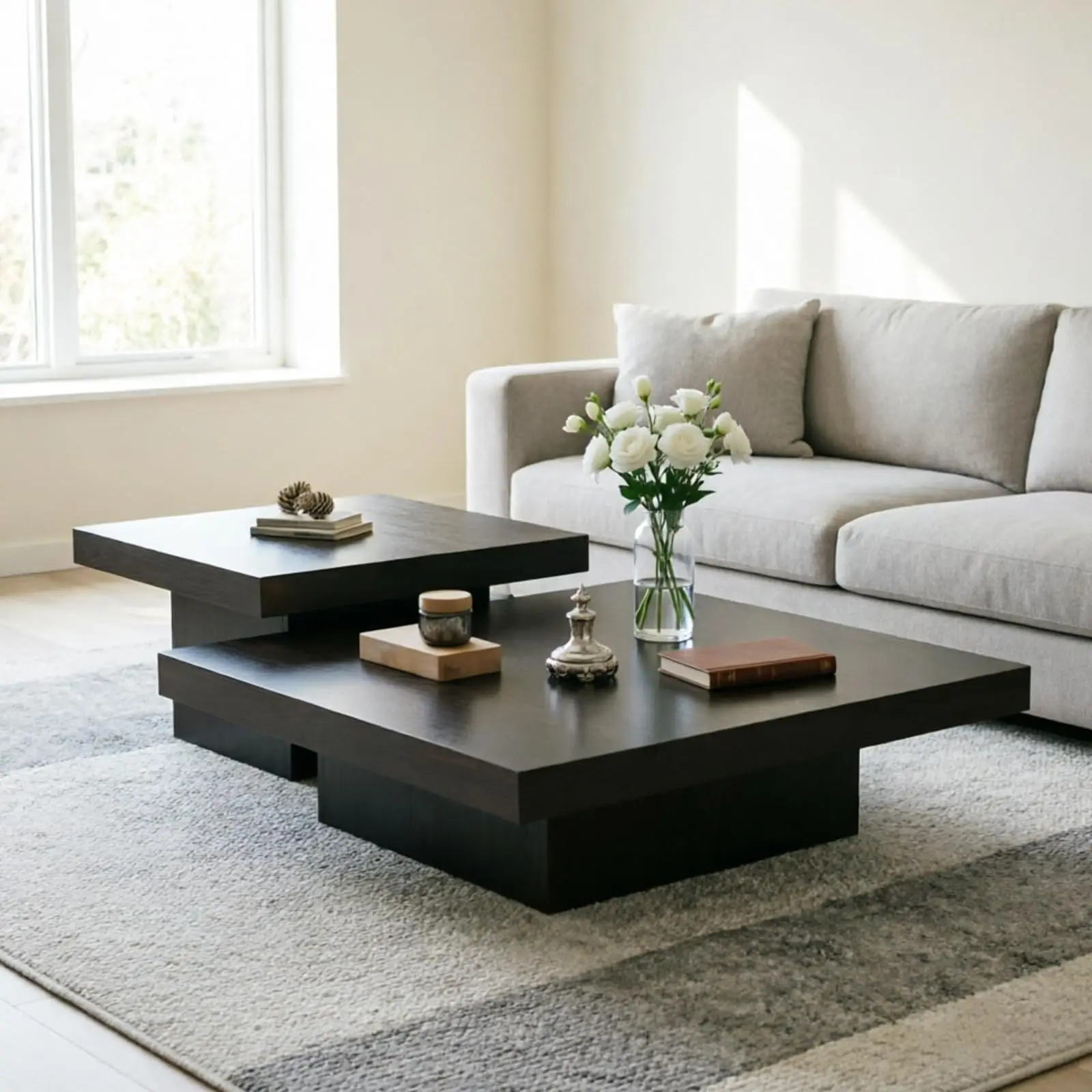 Nesting Coffee Table Set of 2 Modern Minimalist Square Coffee Table and Side Table Set with Wooden Legs 1.6" Thick