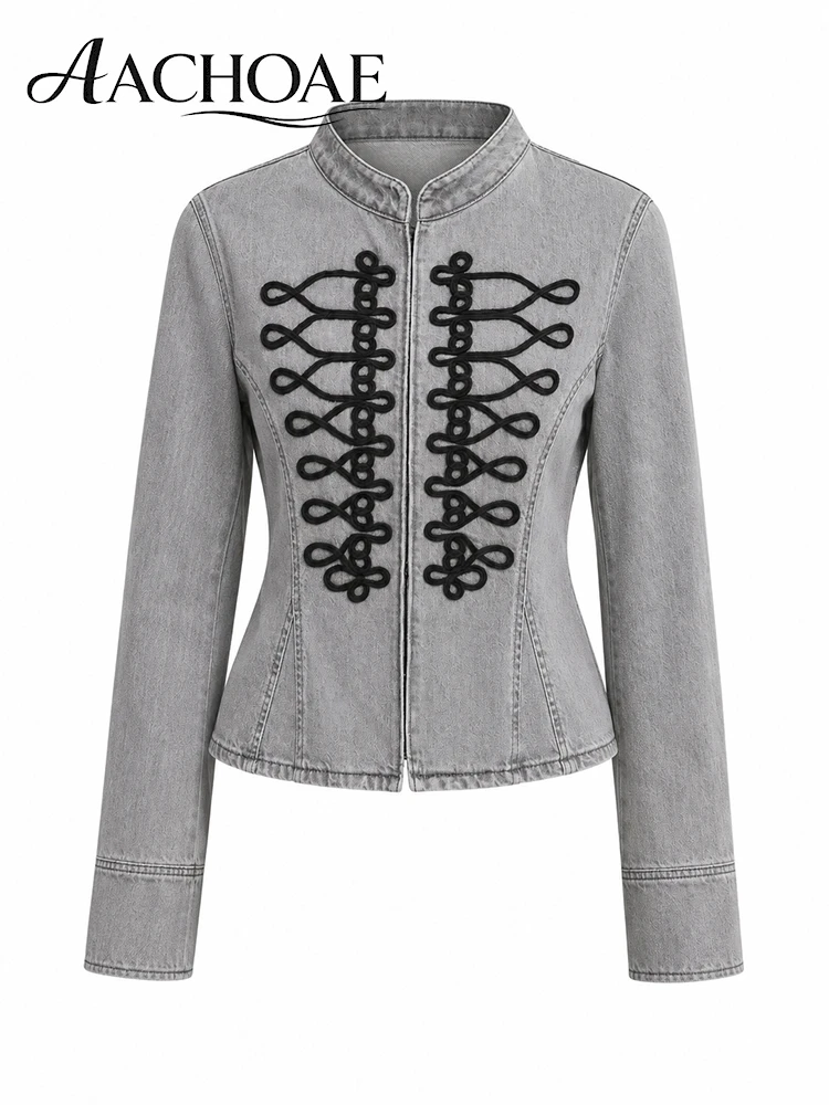 AACHOAE Women Vintage Cotton Denim Jacket Stand Collar Slim Corset Style Cropped Jean Jacket Embroidered Military Outerwear