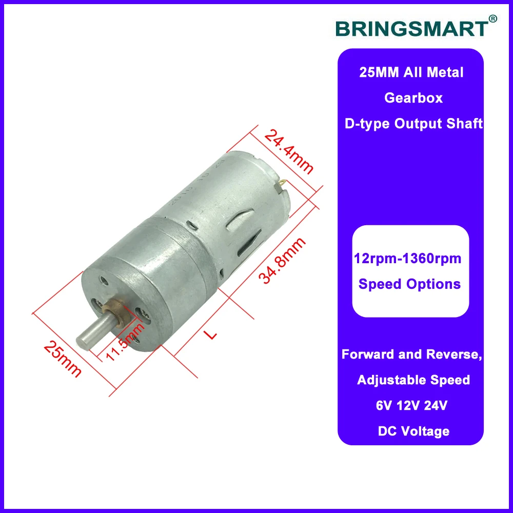 Bringsmart JGA25-370 Мотор-редуктор 12 В постоянного тока с низкими обертами Робот с высоким крутящим моментом Micro 6 В Двигатель 12 В 24 В постоянного тока Робот-редуктор