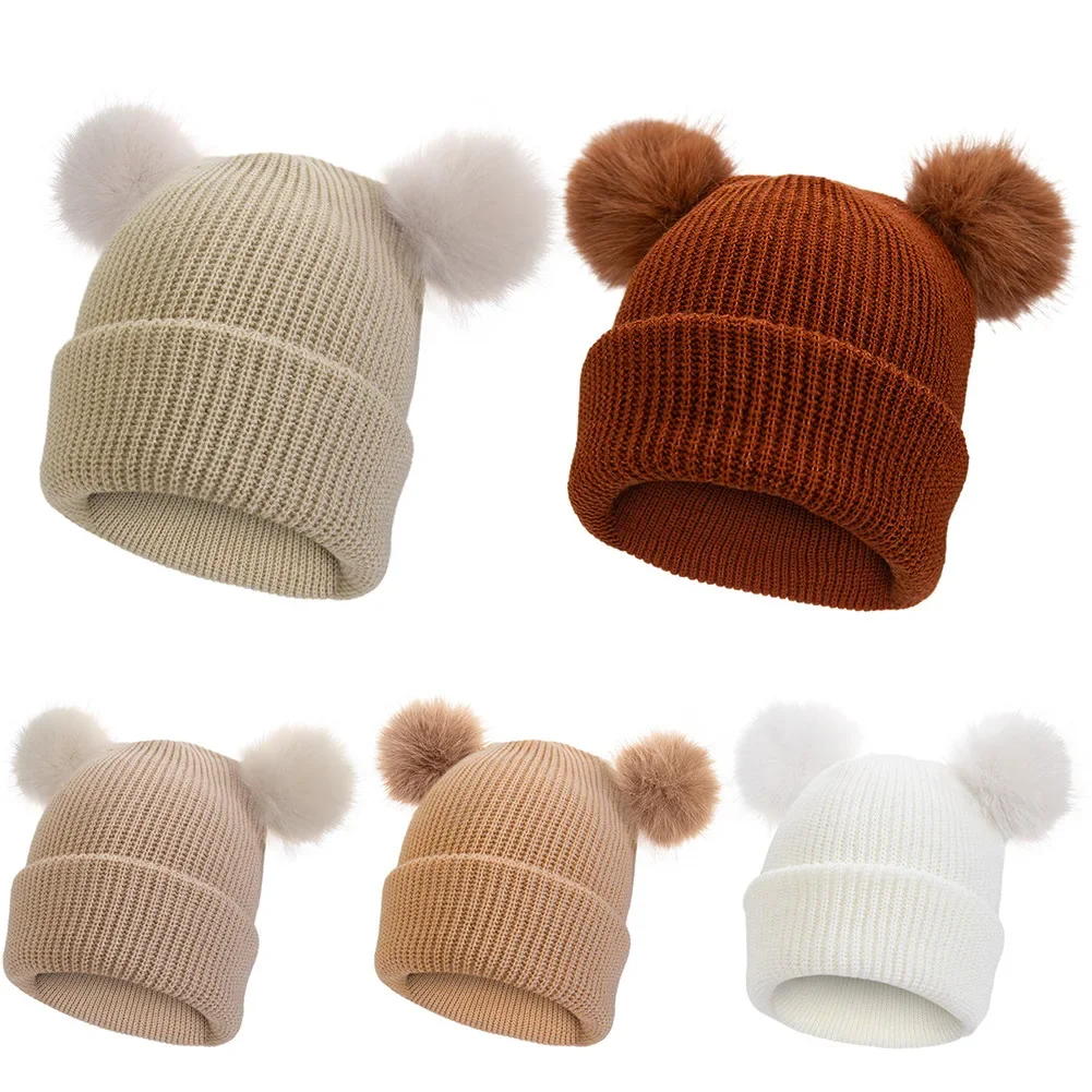 

Cute Double Pompom Baby Hat Winter Knitted Baby Boys Girls Warm Hat Solid Color Anti-cold Toddler Kids Cap Beanies
