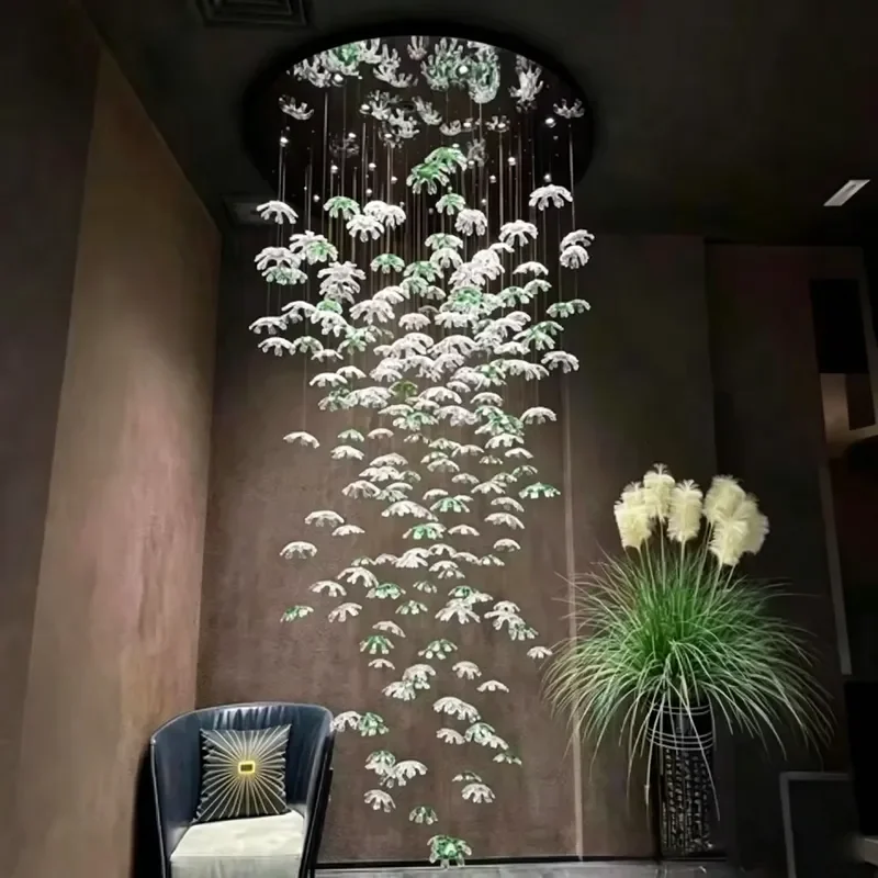 Glazed Maple Leaf Crystal Chandelier for Loft Duplex Staircase Villa Hotel Lobby Living Room Pendant Lighting Fixture