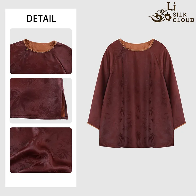 LI SILK CLOUD Xiangyunsha Stand-Collar Short Sleeve Top Ancient Style Oriental Patterns Guangdong Black Pearl  Guangdong Gauze