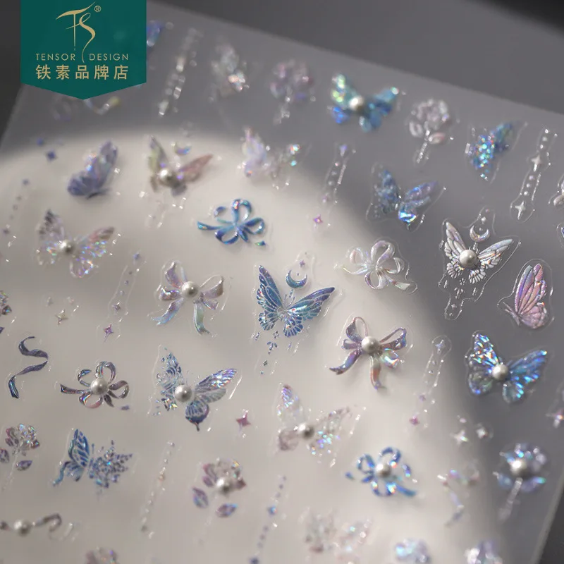 Iridescent Pearl Butterfly Nail Stickers Sweet Girly French Bow Self Adhesive Waterproof Premium for Party Home