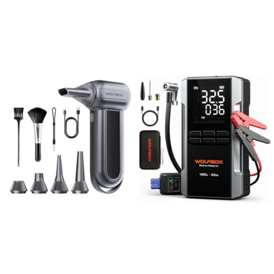 

4000A jump starter with 160PSI air compressor for car battery boosting; MF100 cordless air duster150000RPM brushless motor rech