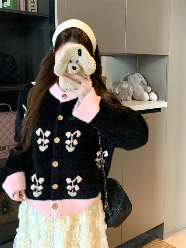 

Sweet plus Size Mm Water Rabbit Fur Knitwear Coat Loose Slimming Design Autumn Winter New Style Color Block Knitted Top