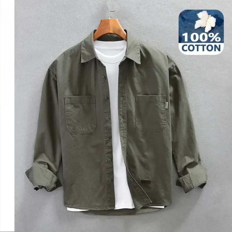 

Spring New Retro Cargo Shirts Men Casual 100% Cotton Big Pockets Men Tops Oversize AZ762