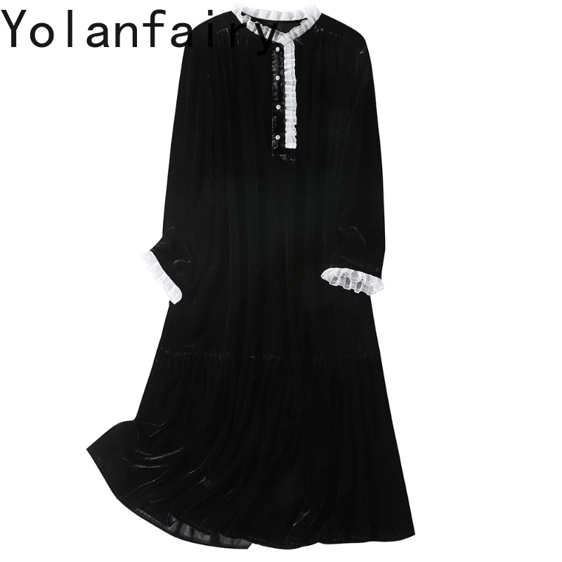 YOLANFAIRY 80% Viscose 20% Mulberry Silk Velvet Dress Women Autumn High-end Elegant Women's Dresses Stand Collar Black Dress