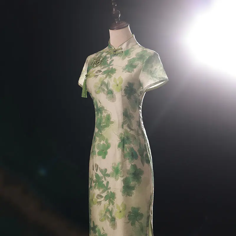 2024 Summer New Short Sleeve Long Cheongsam Chinese Green Fashion Qipao Sweet Eleganti Modern Improve Women Vintage Dress