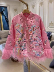 Luxury Luna New Year Chinese Fur Decor Retro TangSuit Pink Jackets Padded Coat