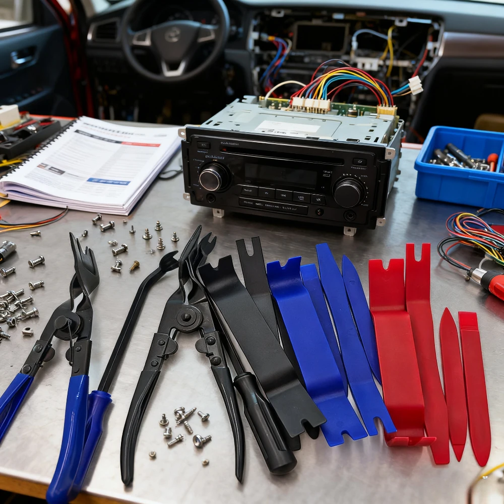 

7-piece car audio modification tool, scratch resistant plastic rocker panel fastener clamp, interior clip removal tool