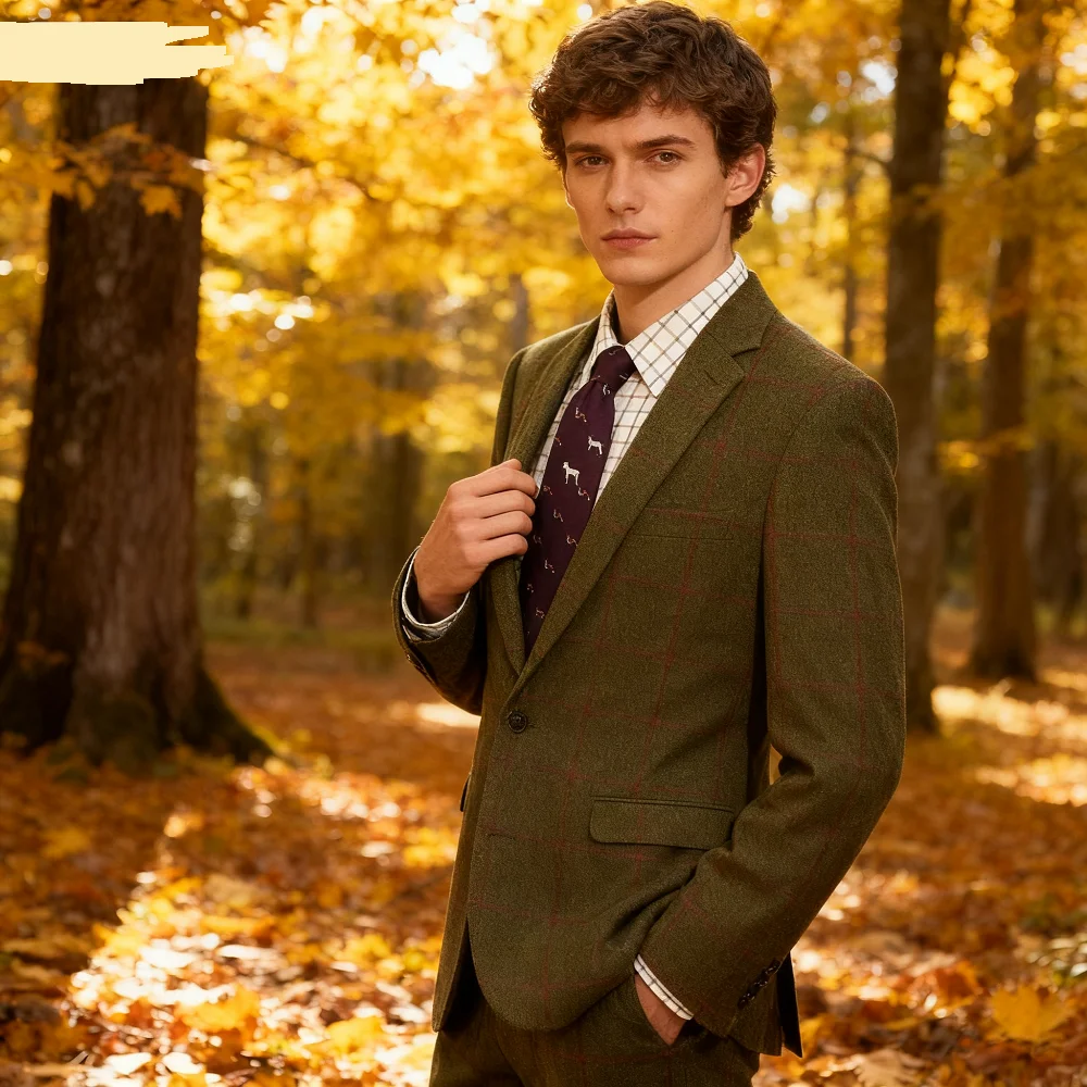 

Men's Plaid Green Woolen Coat High Quality Autumn Winter Casual Thickened Button-Up Jacket Outerwear Blouson Style