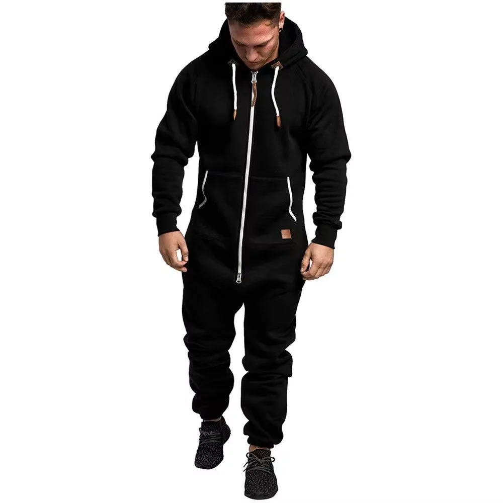 Winter New Men\'s Hooded Fleece Jumpsuit With Solid Color And Color Blocking Casual Workwear Set For Men