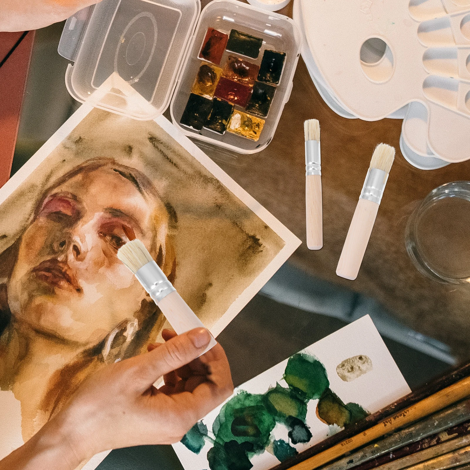 

4Sets Painting Brush Set Wood Handle Bristle Brushes Watercolor Oil Acrylic Stencil Template Painting Brush Stencil