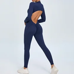 Seamless Yoga Zipper Jumpsuits Sports Fitness Beauty Back Hip-Lifting Long-Sleeved One-Piece Workout Gym Bodysuits for Women