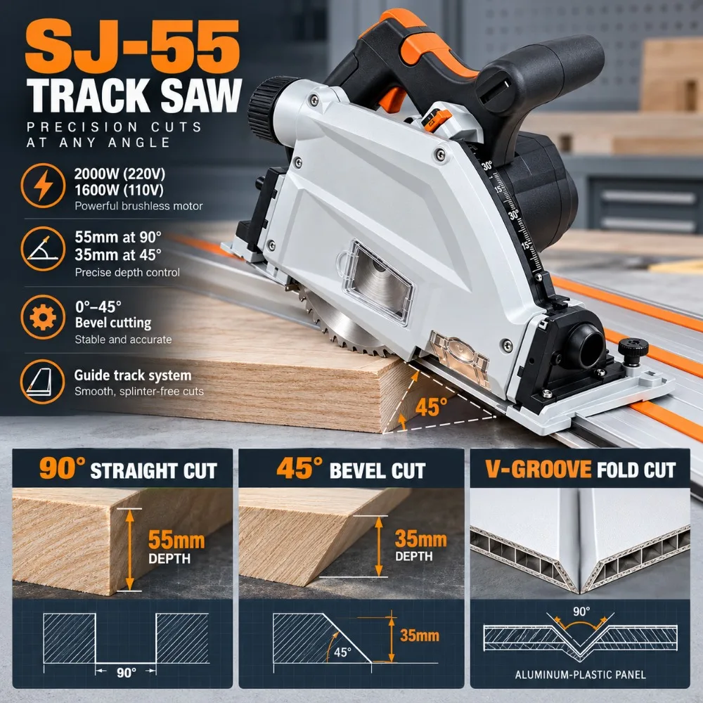 Professional Track Saw 165mm 2000W Brushless Plunge Saw Guide Rail Circular Saw for Wood MDF Plywood Aluminum Acrylic Cutting