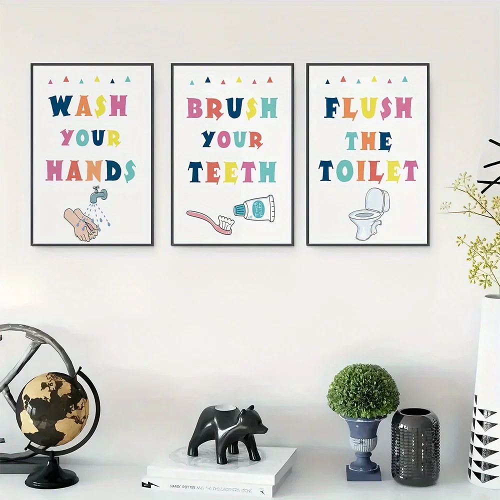 (No frame)3pcs Unframed Children's Education Wall Art, Hygiene Posters Wall Art, Illustrated Instructions Art Prints, Colorfu