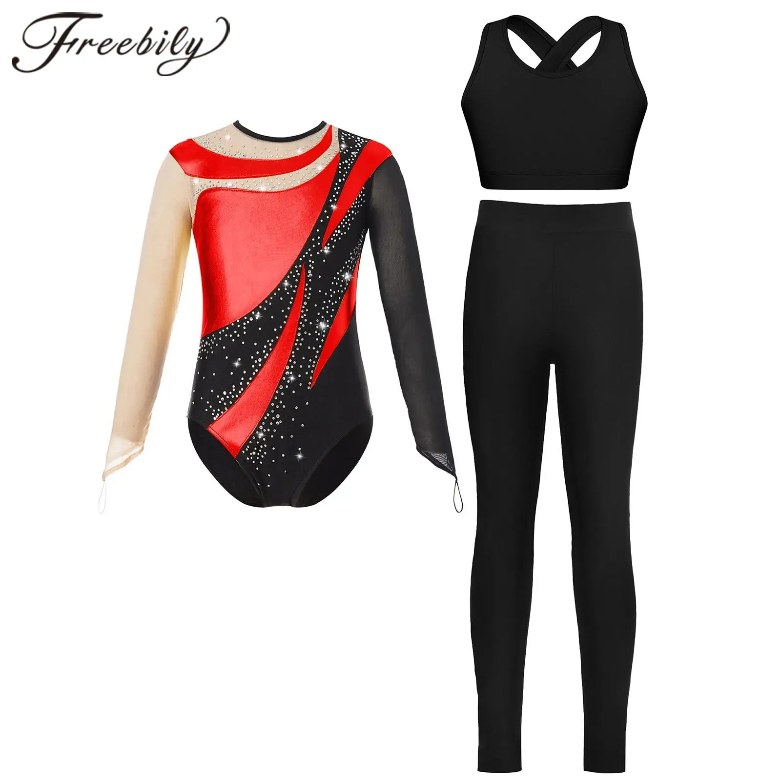 

Kids Girls Ballet Gymnastics Jumpsuit Rhinestones Figure Skating Leotard Tops with Gymnastic Leggings Long Sleeve Yoga Bodysuit