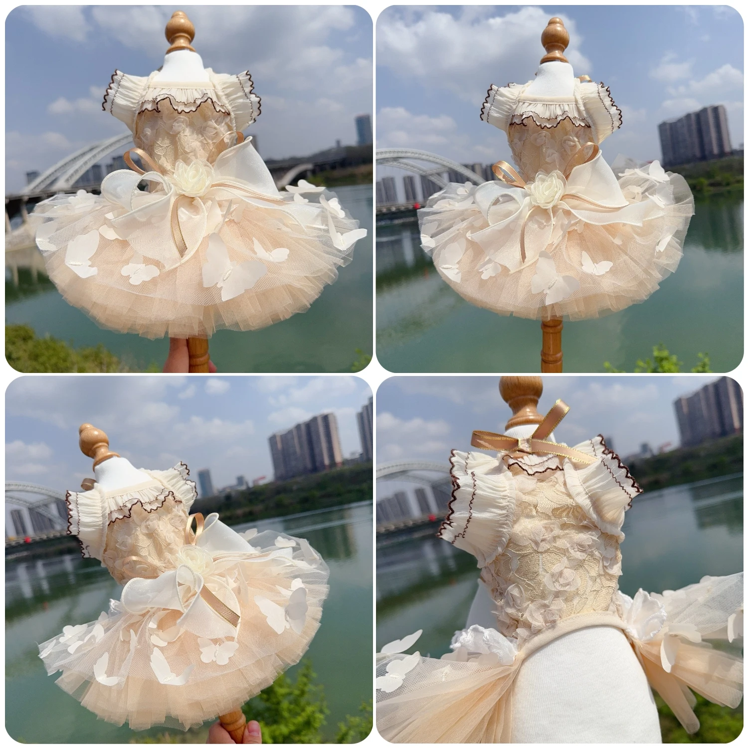 

Платье-сарафан из кружева цвета шампань с бантом для маленьких и средних собак, мягкая ажурная одежда для домашних животных, юбки для щенков чихуахуа, весна-лето