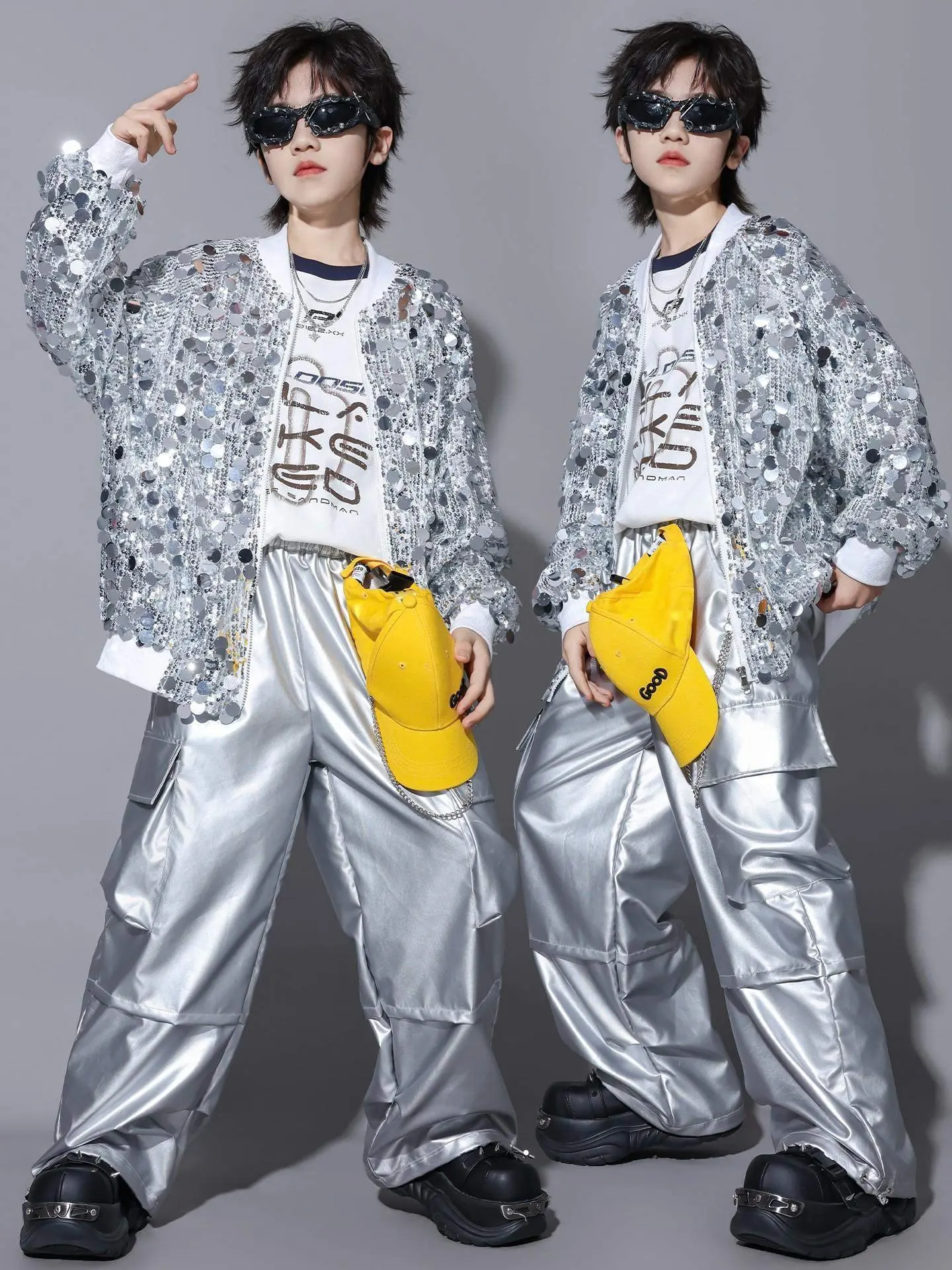 

Детский костюм для джазовых танцев, пальто с длинными рукавами и блестками для мальчиков, серебристые кожаные брюки в стиле хип-хоп, одежда для уличных танцев, наряды для выступлений на сцене, BL18133