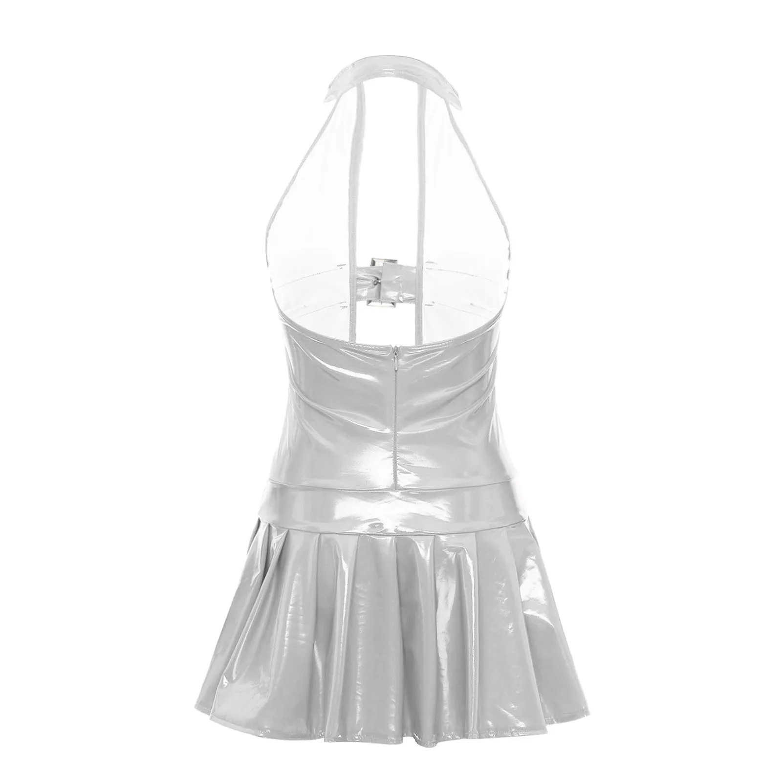 Women Halter Neck Mini Dress Wetlook Patent Leather Sleeveless Hollow Out Adjustable Buckle Back Zipper Pleated Dress for Party