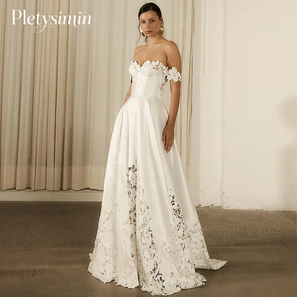 Robes de mariée élégantes en satin à épaules dénudées, avec applications en dentelle, style bohème, coupe A, robes de mariée civiles, robes de soirée, sur mesure