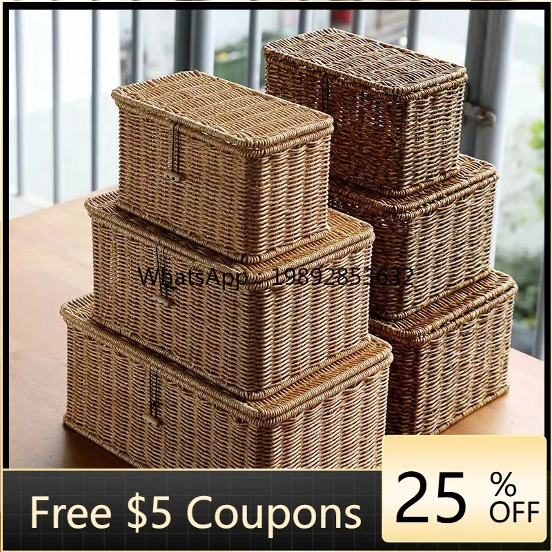 

Rattan storage box New Chinese mat grass woven desktop entrance with lid clutter sorting storage basket