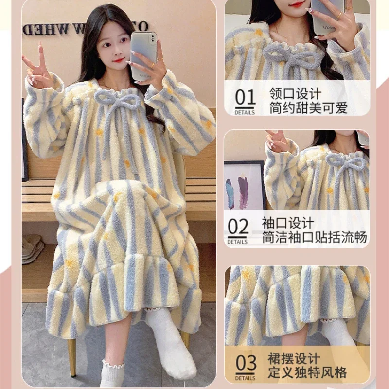 Plus Size Women Winter Warm Nightdress Sweet Long Sleeve Flannel Pyjamas Nightgowns Korean Loose Pajamas Coral Velvet Sleepwear