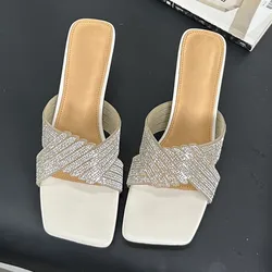 Mid Heel Thin Heels Modern Slippers Summer Outside 2024 High Quality Shoes Female Bling Solid Sexy Women's Slippers Chinelos