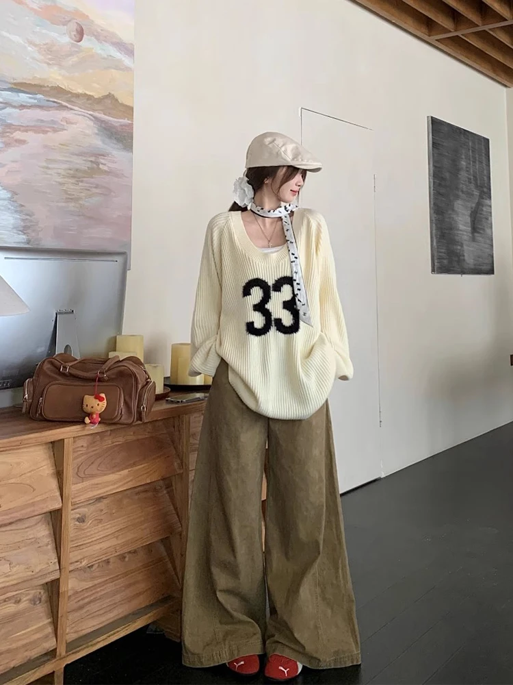 กางเกงยีนส์ขากว้างสีกากีสำหรับผู้หญิง สวมใส่สบาย เอวสูง ทรงบาน ใส่ทำงานได้ สไตล์ลำลอง แฟชั่นฤดูใบไม้ร่วงและฤดูหนาว