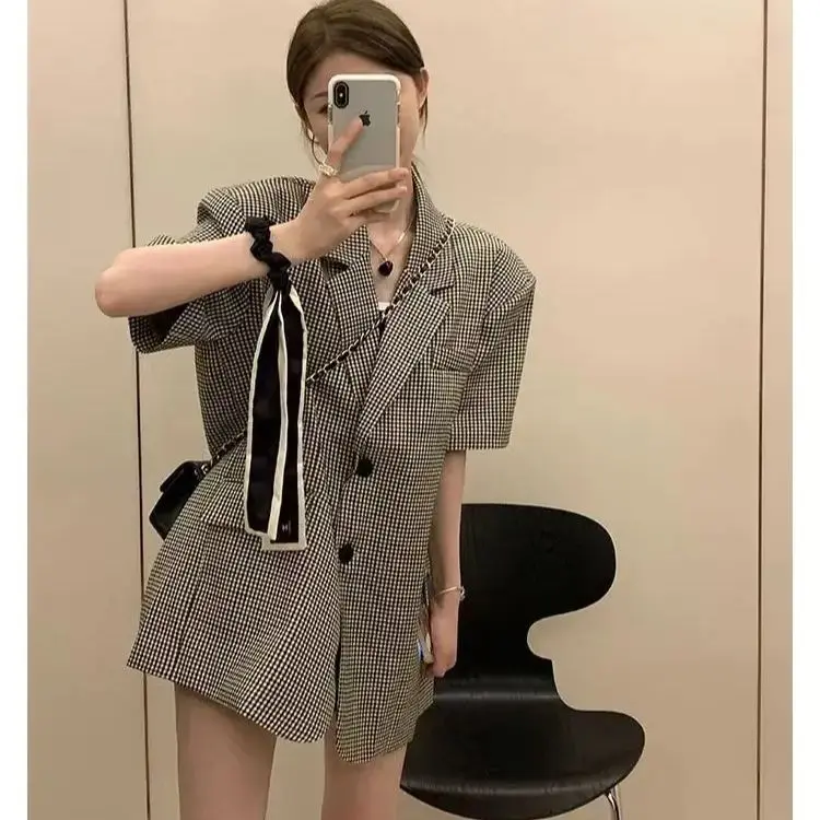 Short Sleeve Blazers Women Korean Style Summer Casual Plaid All-Match Basic Loose New Temper Ins Hot Street Chic