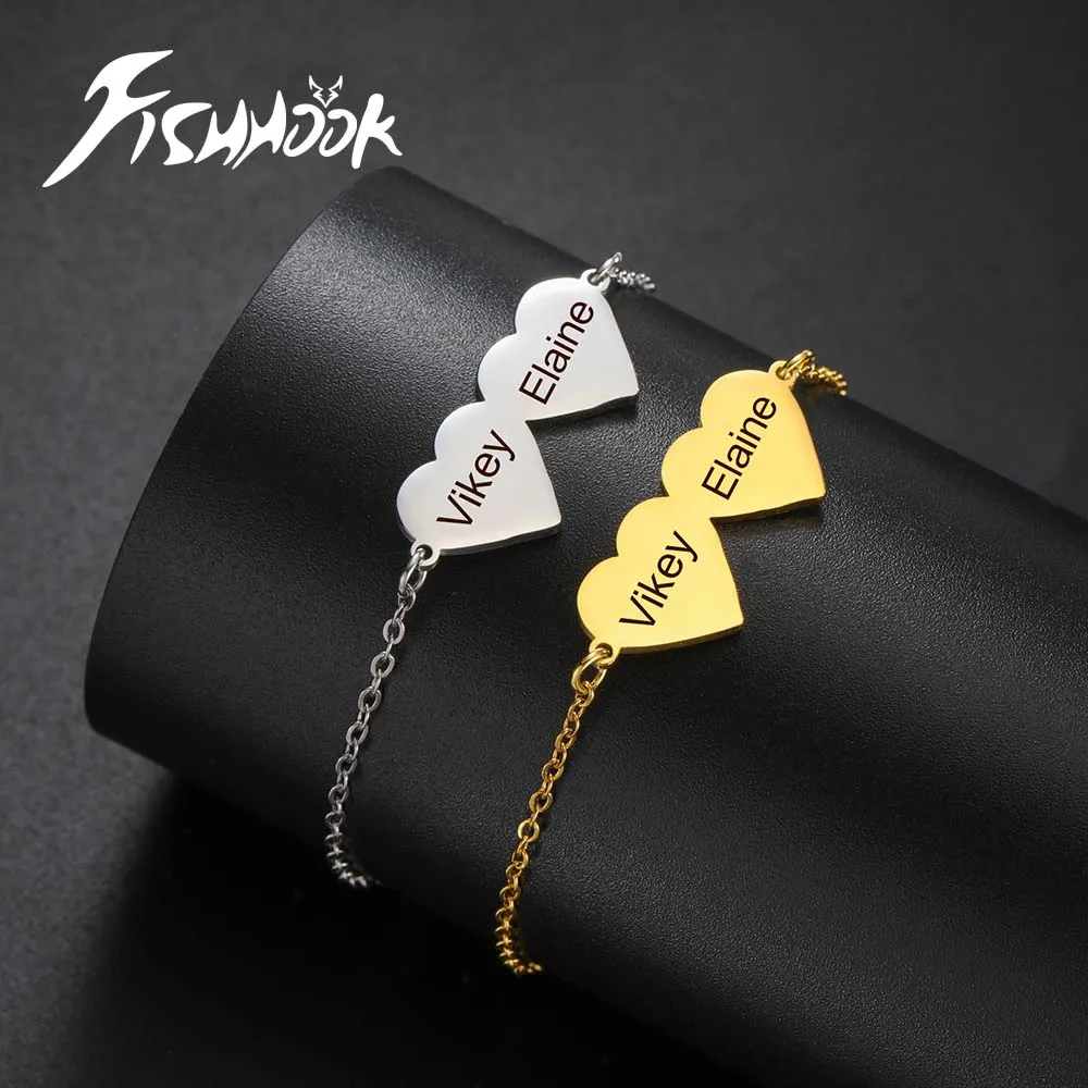 Double Heart Couple Personalized Bracelet Custom Mother Kid Child Name Family Bangle Gift For Women Men Stainless Steel Jewelry