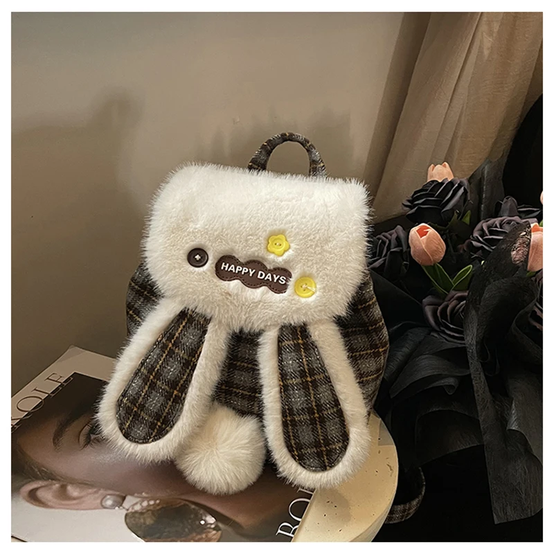 Cute Soft Plush Rabbit Backpack Sweet Corduroy Plaid Splicing Women's Backpack Temperament For Commuting Drawstring Backpack