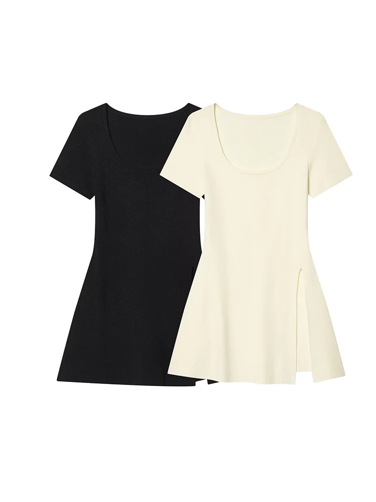 

Women Short Sleeve U-neck Blouses Knitted Split Hem Shirts Black Beige Tops