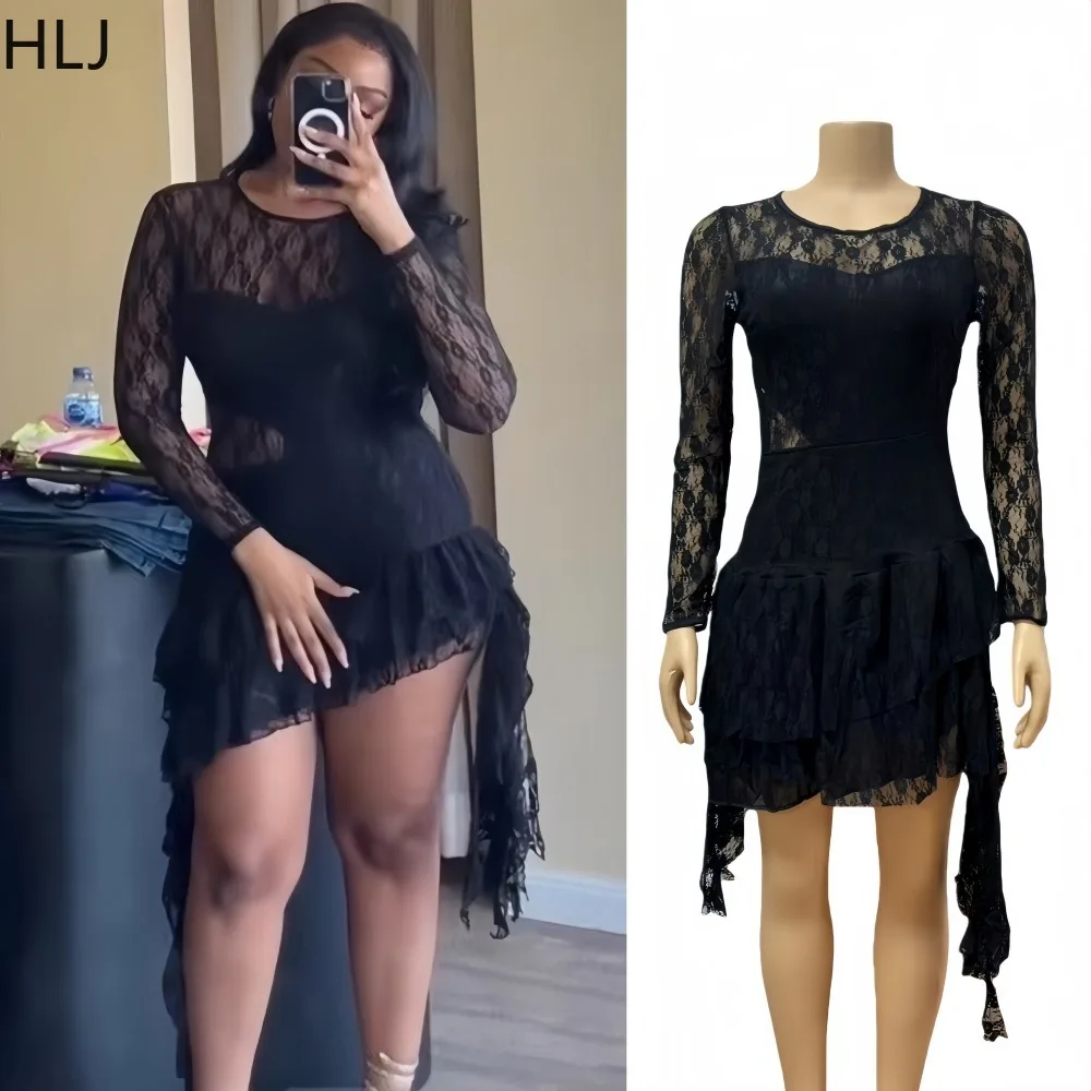 

HLJ Sexy Lace Irregular Patchwork Bodycon Dresses Women Solid Color Long Sleeves See Through Dress Female Streetwear Vestidos